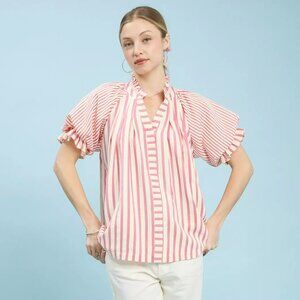 Striped Notched Top with Short Flutter Sleeves